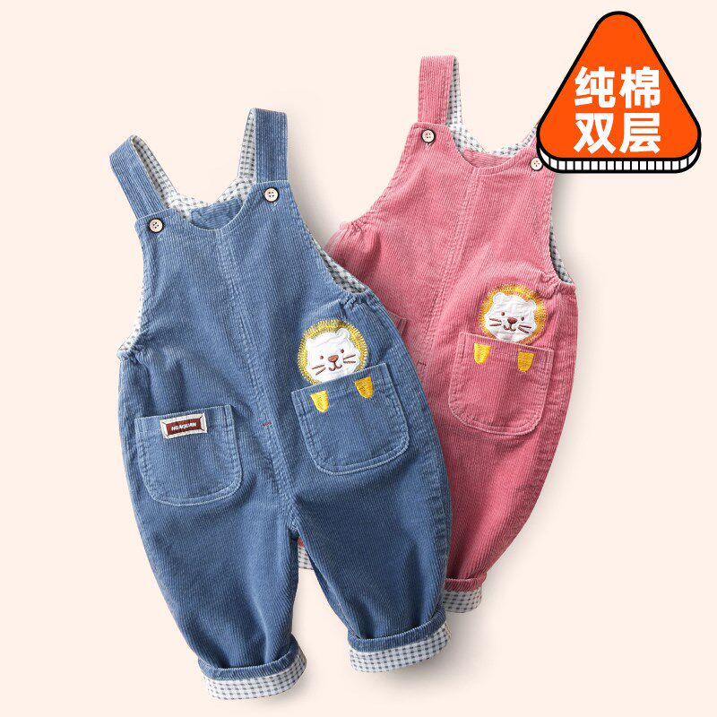 婴儿背带裤春秋纯棉双层男童春装2025新款儿童灯芯绒一岁宝宝裤子