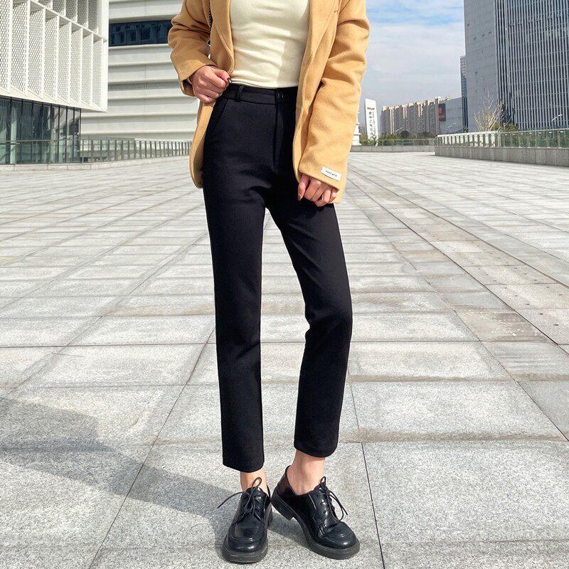 小直筒裤女九分2021秋冬加厚高腰显瘦加绒黑裤休闲铅笔烟管西装裤