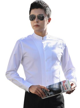 中华立领衬衫男长袖纯棉中年白色商务免烫中山装休闲男士圆领衬衣