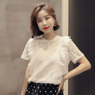 很仙的上衣洋气雪纺衫女气质心机镂空蕾丝短袖2021新款打底小衫夏