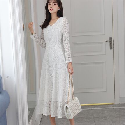 蕾丝连衣裙蕾丝春秋女2024法式大码高级感a字气质白色长袖中长裙