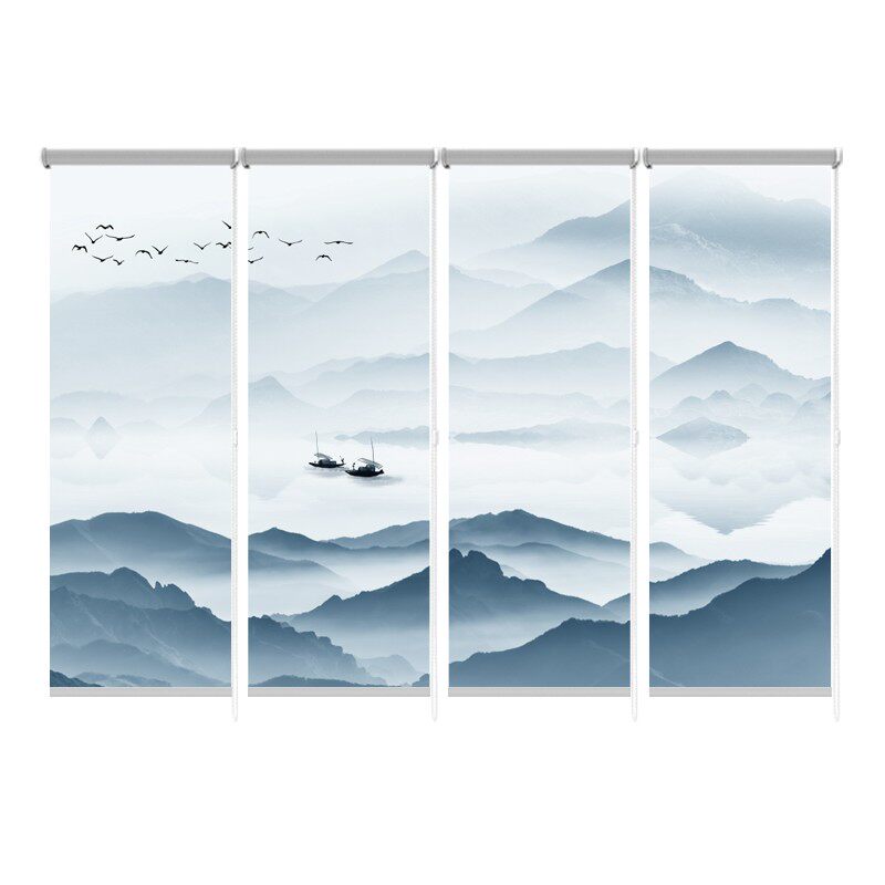 中式悬挂式软屏风隔断帘卧室卷帘窗帘布拉帘画风景防晒客厅办公室