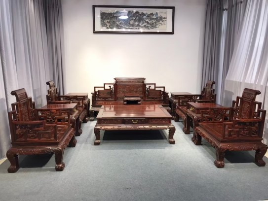 大叶紫檀卢氏黑黄檀山水卷书沙发宝座组合仿古典新中式红木家具