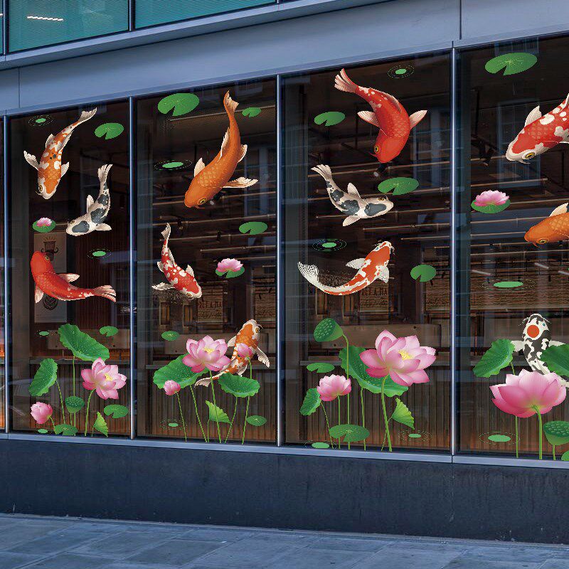 夏季荷花荷塘锦鲤装饰玻璃静电贴纸餐厅门面橱窗装扮无胶高清贴画