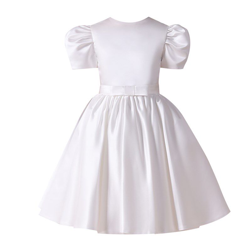 2023新款女童演出服公主裙儿童钢琴演奏礼服白色缎面演讲比赛花童