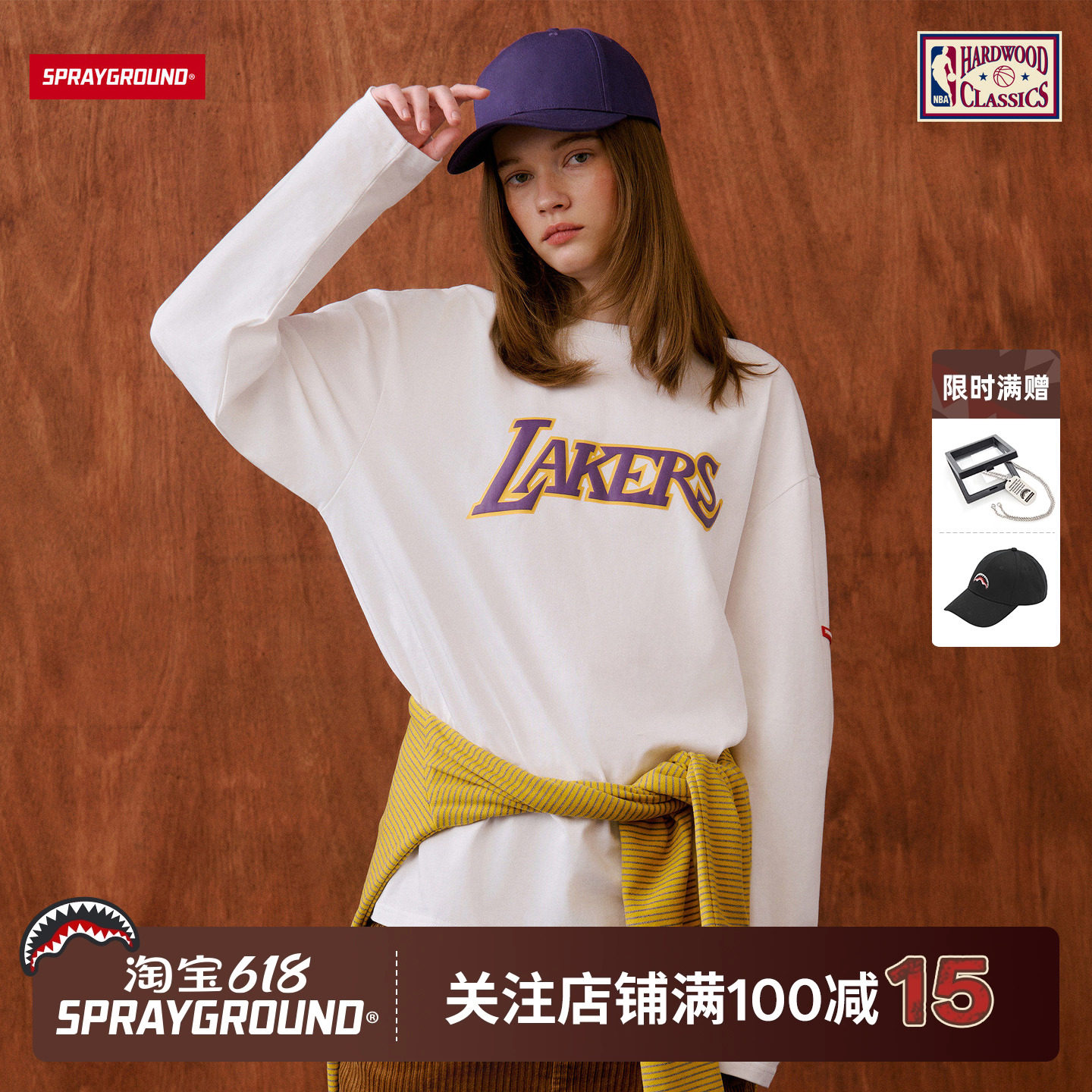 SPRAYGROUND I NBA HWC联名系列 湖人队美式潮流嘻哈基础长袖T恤