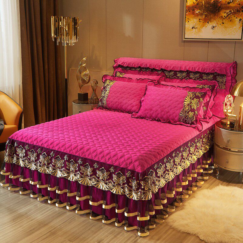 冬季加厚蕾丝夹棉水晶绒四件套欧式床裙式床罩防滑珊瑚绒床套被套