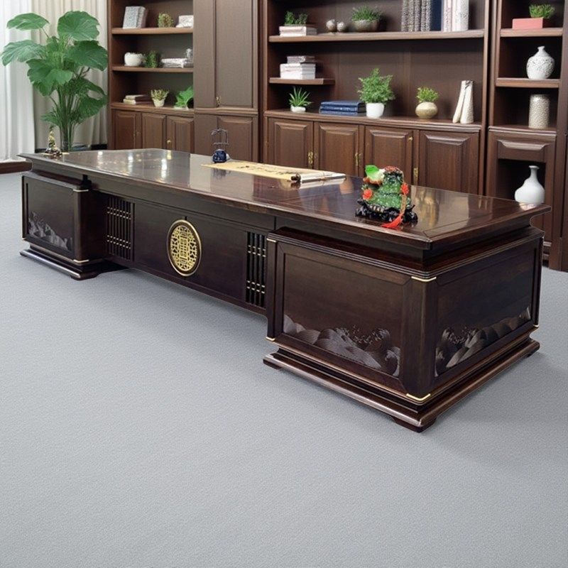 新中式实木办公桌高端董事长办公室大班台乌金木家具定制老板桌椅