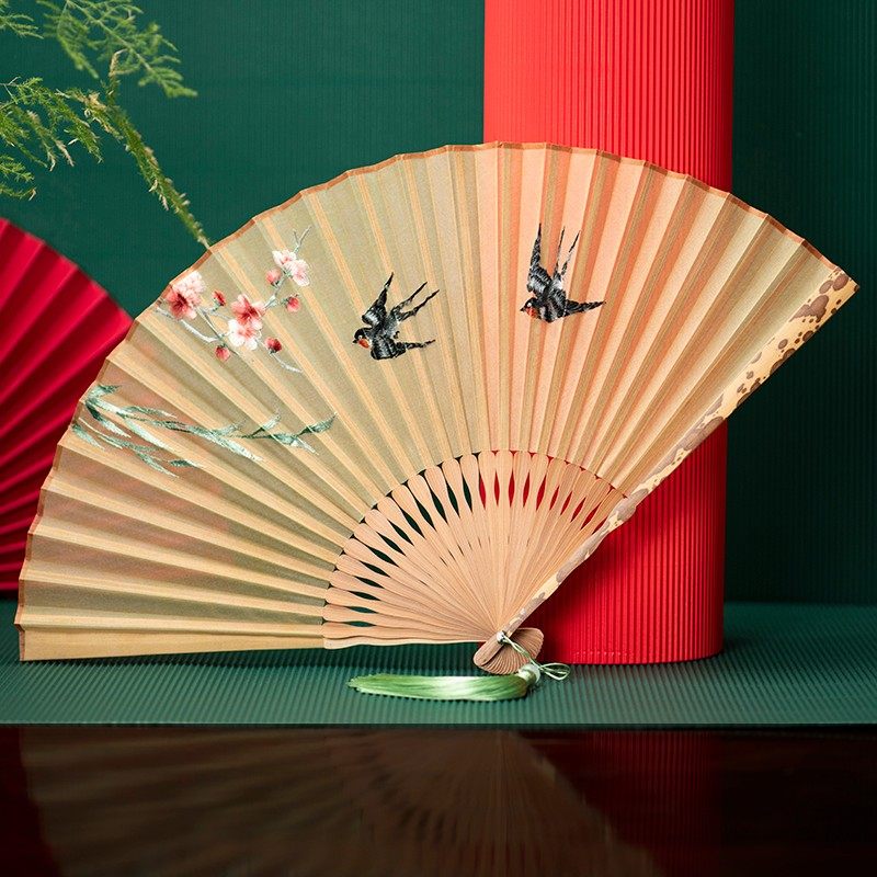筛月2021年刺绣复古风折扇女士汉服绣花女式随身折叠夏真丝扇子