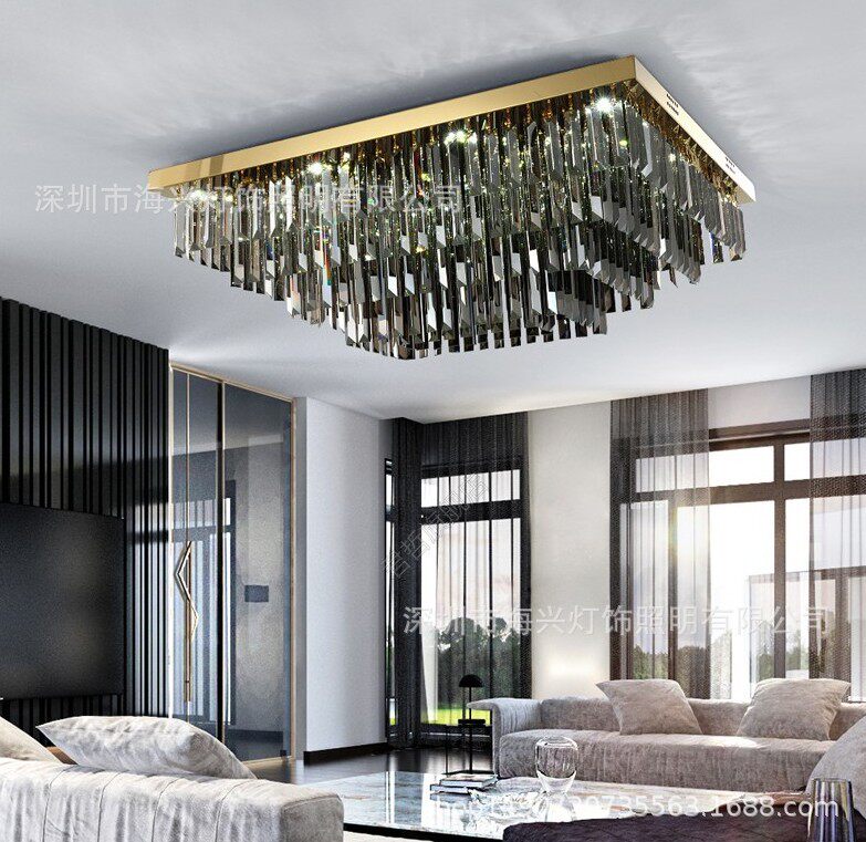 轻奢后现代水晶灯客厅灯长方形大气烟灰色金色吸顶灯卧室书房灯具