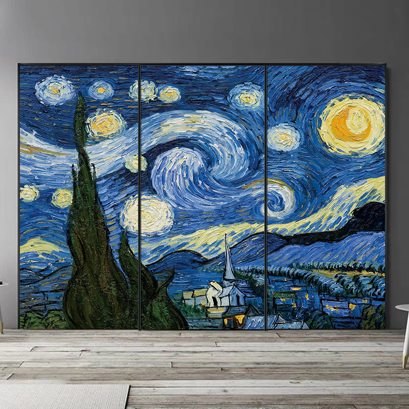 梵高星空油画名画门贴纸木门翻新自粘整张宿舍玻璃移门衣柜贴画