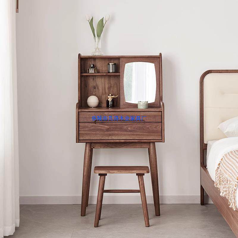 小户型多功能北欧化妆台卧室黑胡桃木简约梳妆台日式全实木化妆桌