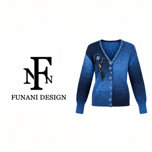 FNN蓝色渐变针织开衫女秋季高级感慵懒风软糯毛衣外套DF2631518A