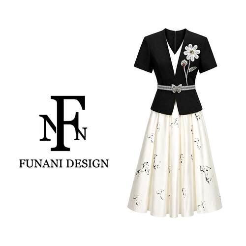 黑V领短袖钉花小外套+白墨画大摆半身裙两件套F2620338