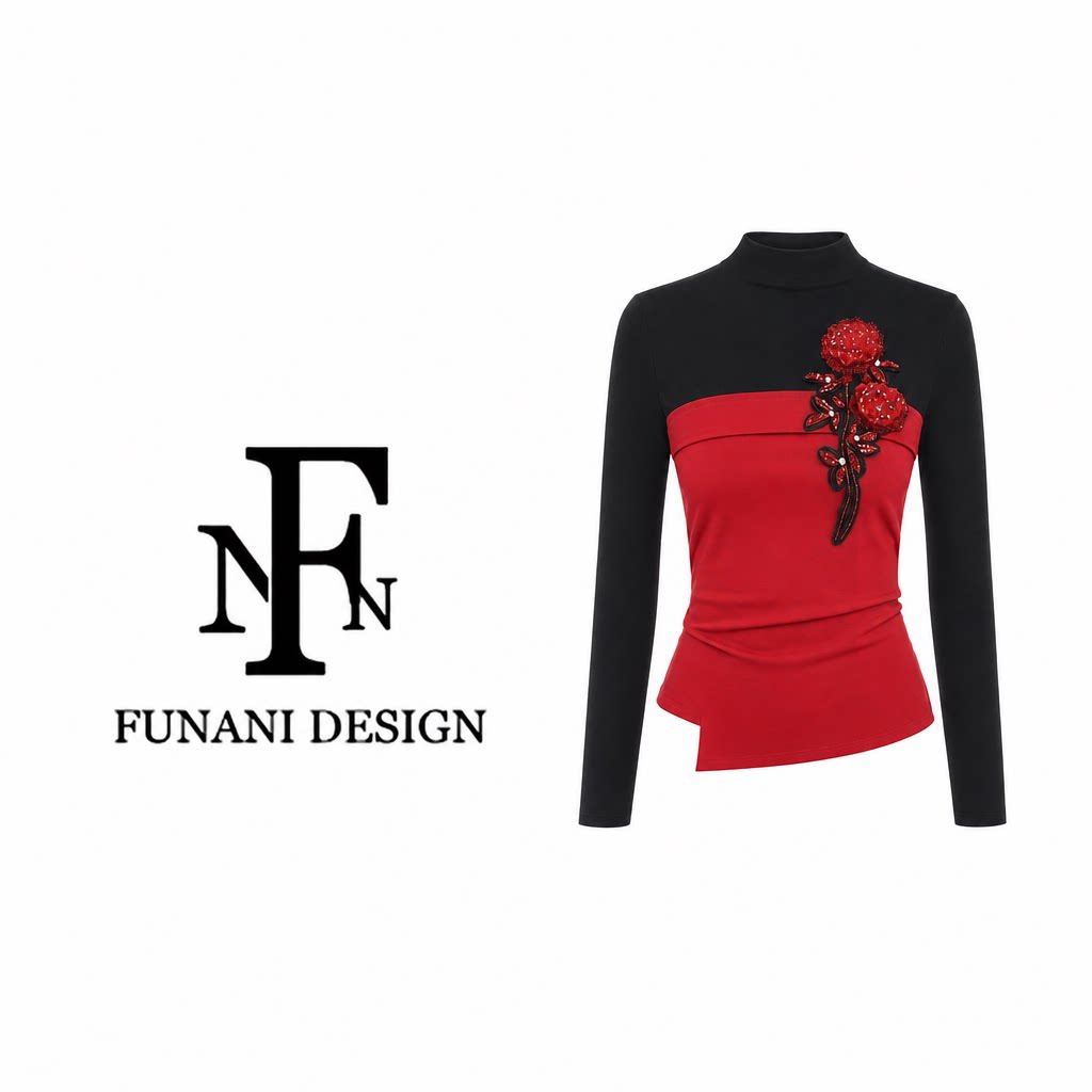FNN黑红撞色半高领长袖上衣女秋冬季设计感修身打底衫DF2631184A