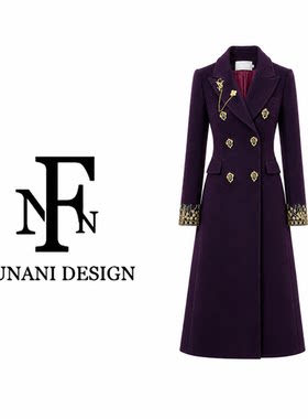 FNN高级感紫色双排扣毛呢外套女中长款收腰显瘦大衣GX2630188A