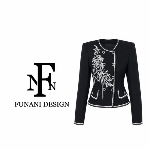 FNN黑色重工银线刺绣西装外套女秋季双排扣收腰短外套F2630909A