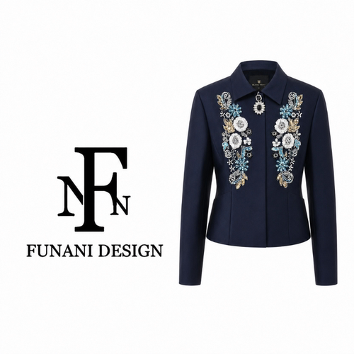 FNN藏蓝色重工刺绣西装外套女收腰显瘦通勤OL西服短外套F2630325A