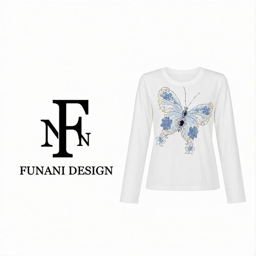 【芙娜妮】白色圆领短袖重工蓝彩宝大蝴蝶花卉修身T恤F2620788A
