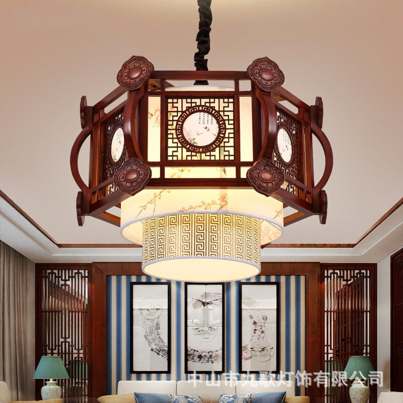 新中式实木吊灯中国风古典茶楼灯饭店大厅客厅餐厅LED木艺灯具