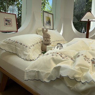 100支奶油风少女白色小碎花纯棉花边四件套1.5m1.8米全棉床单被套
