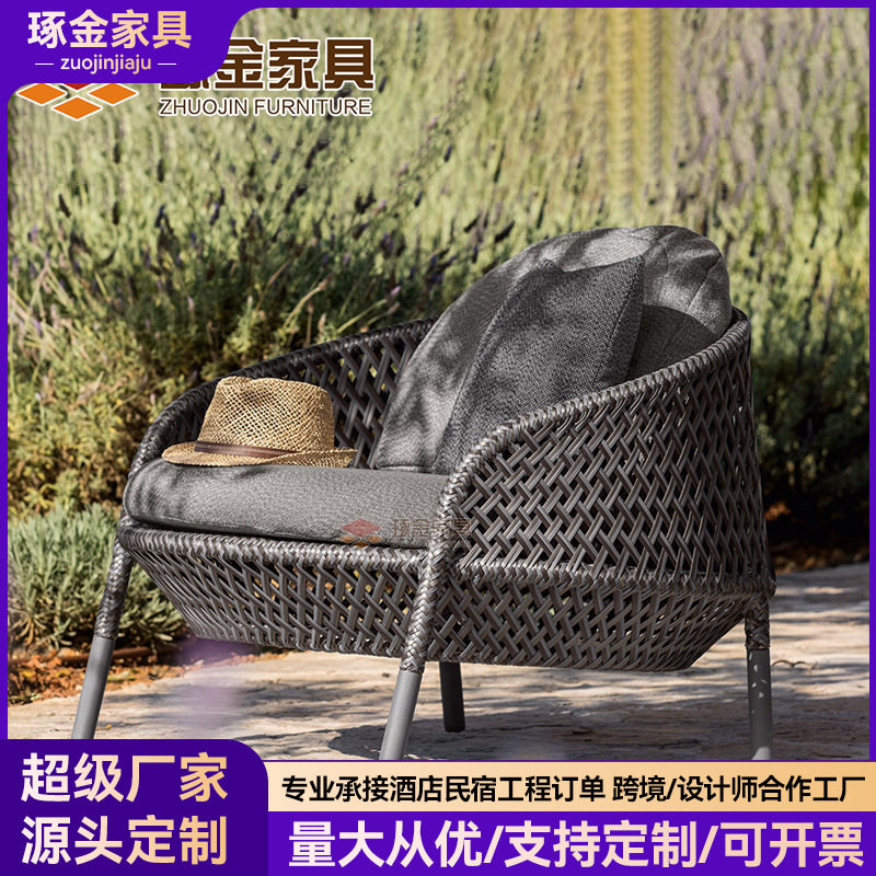 美式乡村户外藤编家具 酒店会所别墅藤艺沙发 休闲单人沙发组合
