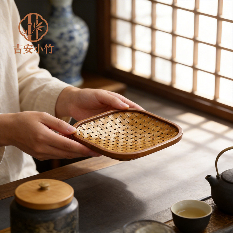 手工竹编中式果篮收纳盘浅盘