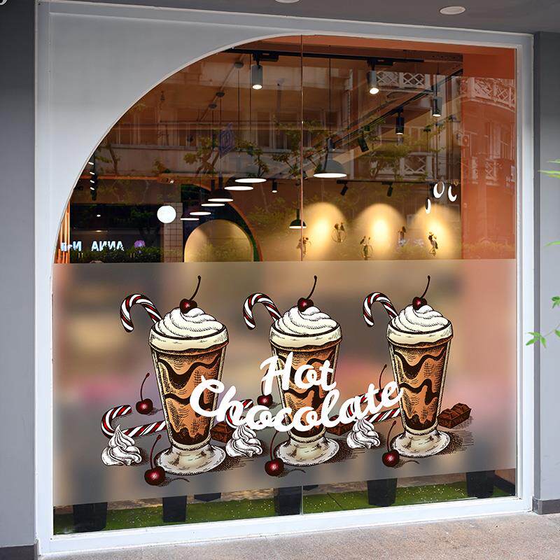咖啡店网红甜品店装饰磨砂贴膜巧克力热可可图案彩色海报广告静电