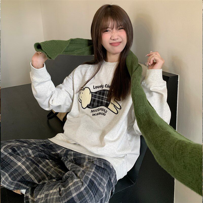AGXS秋冬新款格子小狗贴布毛巾绣圆领套头卫衣长袖宽松美式上衣
