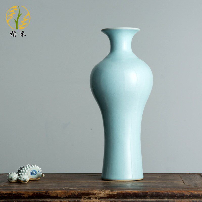 汝窑花瓶小口径陶瓷客厅博古架装饰瓷器摆件青瓷中式简约古典瓷瓶