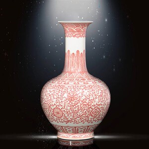 花瓶陶瓷器手绘釉里红缠枝莲福桶 景德镇赏瓶摆件 客厅复古装饰品