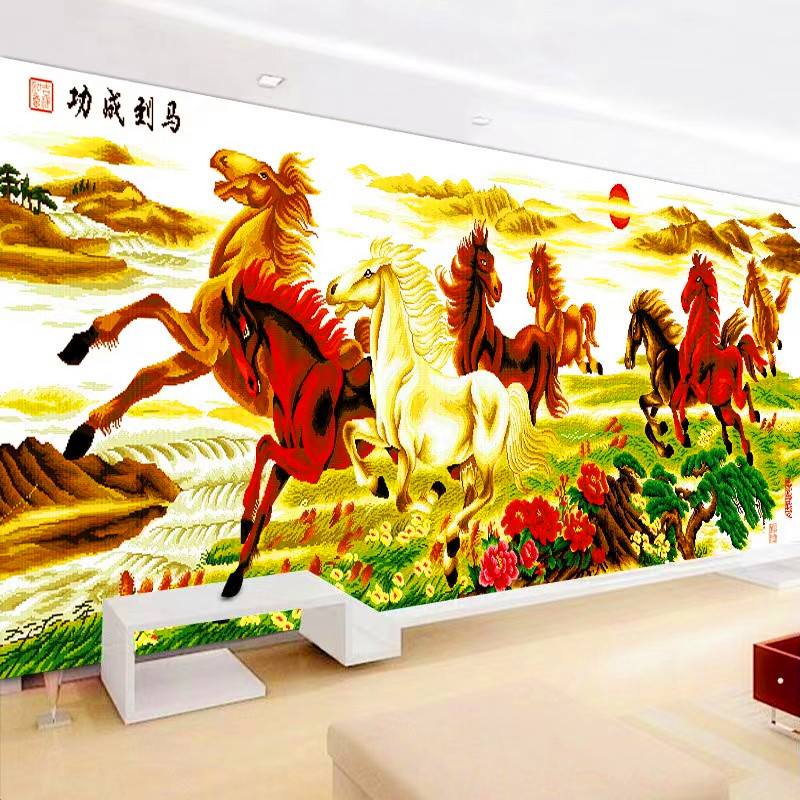 彩珠绣马到成功十字绣全珠子绣新款客厅大幅八骏图串珠丝线绣穿珠