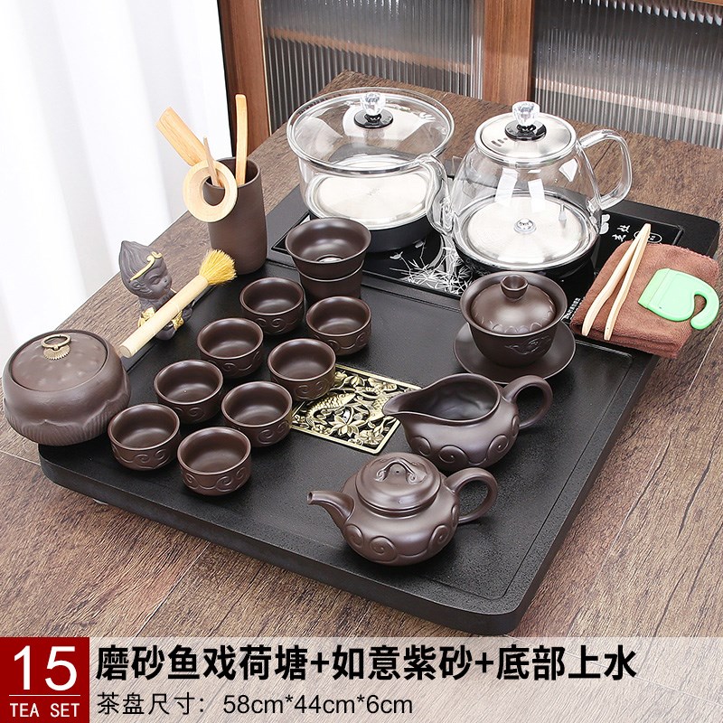 整套家用小型茶盘全自动玻璃汝窑茶具套装底部上水烧水壶一体茶台