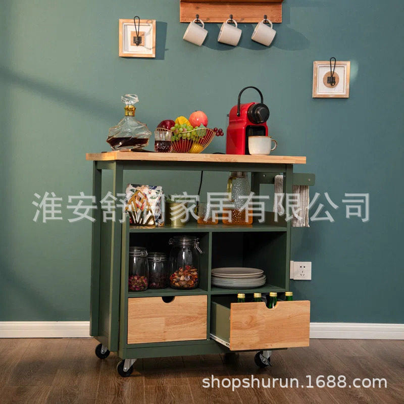 复古绿色厨房移动餐车手推车置物桌客厅餐边柜酒吧零食茶水小推车