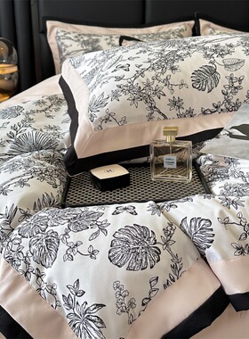2025春夏新款轻奢磨毛四件套美式复古花卉数码印花双拼水洗棉套件