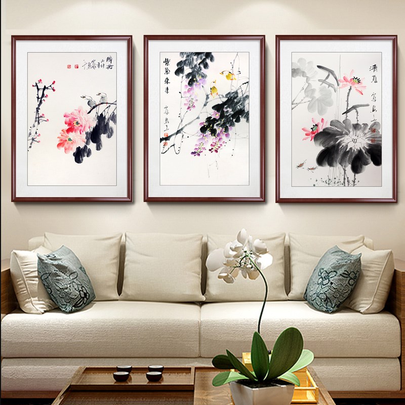 纯手绘紫藤荷花国画花鸟水墨画玄关装饰牡丹挂画客厅沙发三联壁画