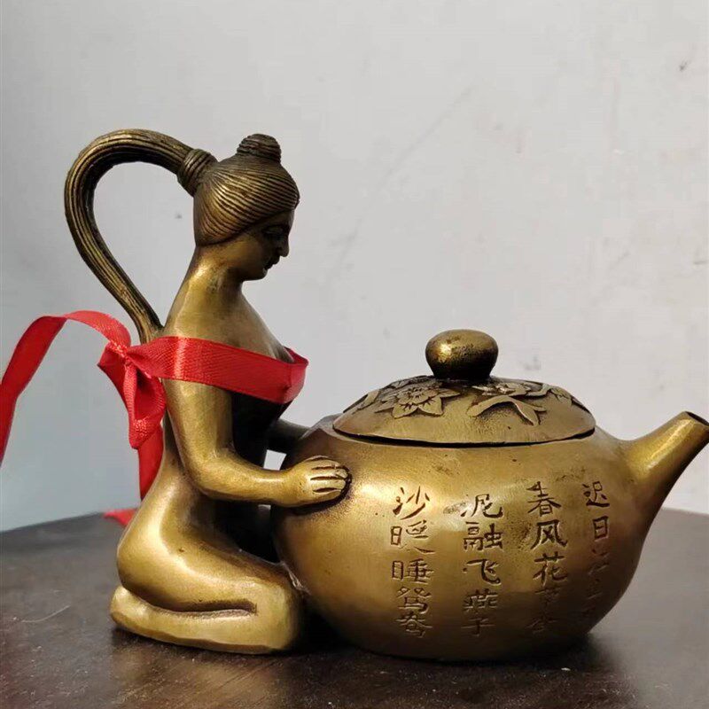 黄铜酒壶美女壶纯铜茶壶水壶客厅家居装饰品礼品古玩收藏摆件送礼