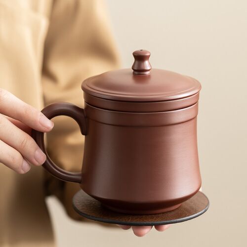 紫砂办公杯三件套  大容量泡茶杯  原矿朱泥茶杯