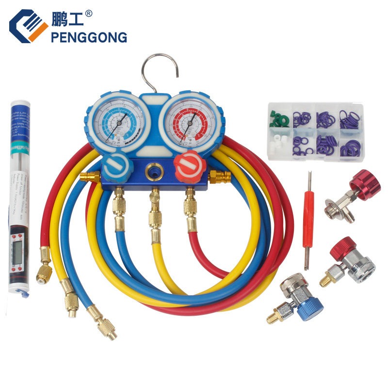 鹏工氟表汽车空调加氟工具套装雪种加液双表阀冷媒表压力表组134A