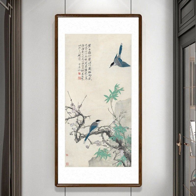 国画花鸟字画有框中式客厅装饰画玄关过道竖版挂画于非暗梅竹双清