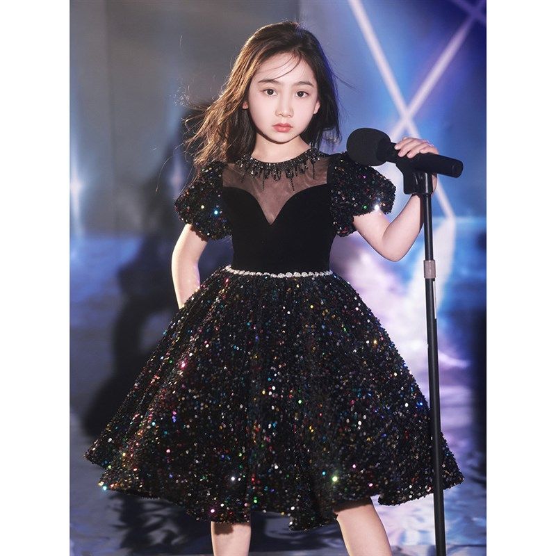 黑色晚礼服女童高端公主裙儿童朗诵主持人小提琴钢琴演奏表演出服