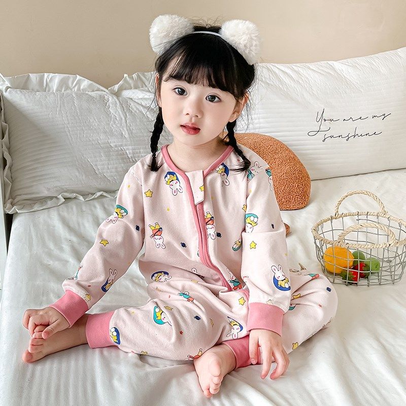 婴儿睡袋纯棉厚款秋冬季女儿童护肚防踢被A类无骨男宝宝连体睡衣