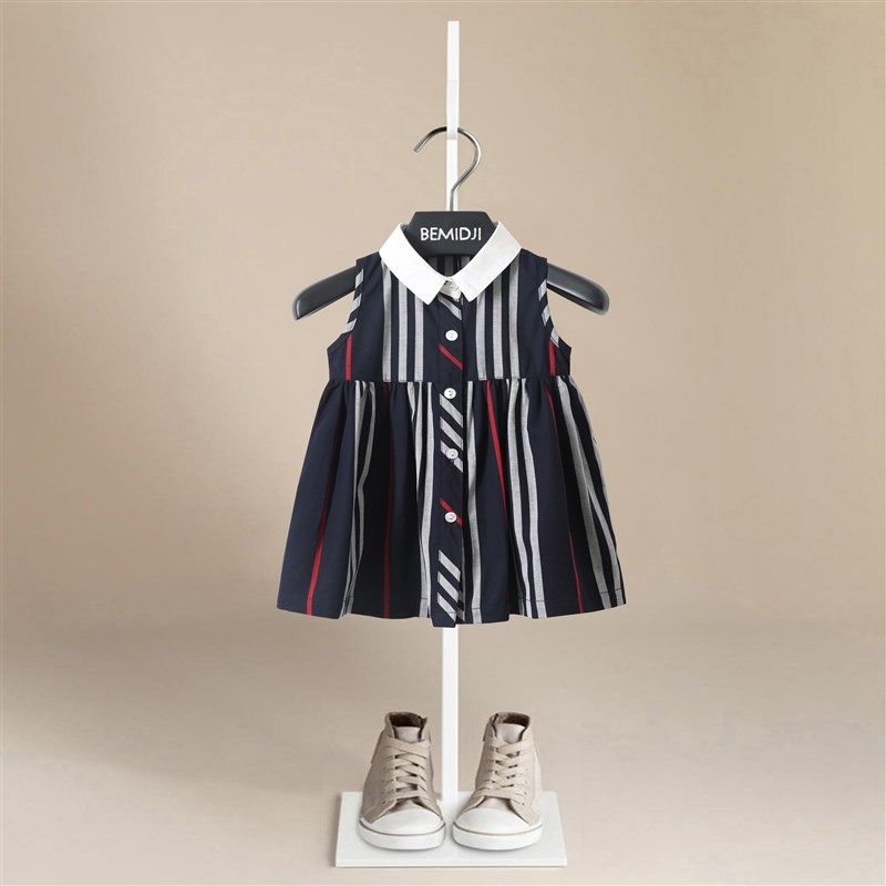 夏装女童学院风条纹露肩连衣裙纯棉儿童蓝色背心裙洋气女孩吊带裙