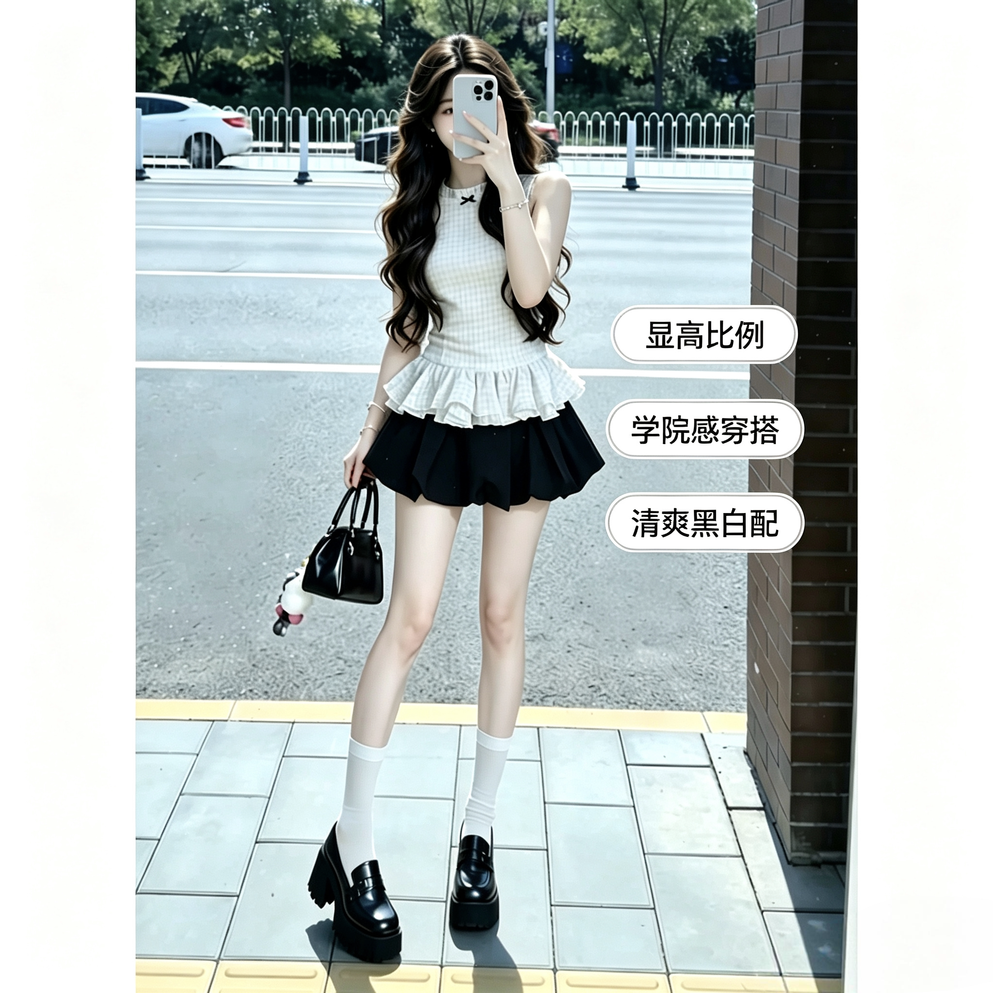 纯欲蝴蝶结无袖格纹背心女高腰花苞短裙两件套甜辣风学院套装