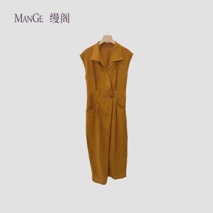 MANGE缦阁 100%亚麻 夏季收腰显瘦丝巾无袖立领长款连衣裙3902