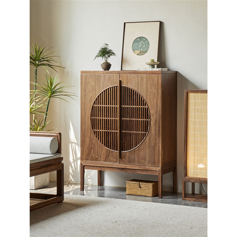 新中式鞋柜餐边柜玄关柜黑胡桃木家具原木实木书柜门厅柜