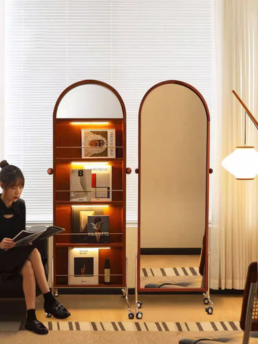 ?中古风实木书报落地置物架客厅靠墙展示家用简易杂志卧室全身镜