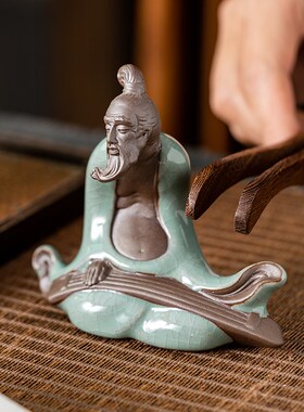 创意老夫子陶瓷哥窑开片人物伯乐抚琴茶宠茶玩摆件盆栽造景装饰品