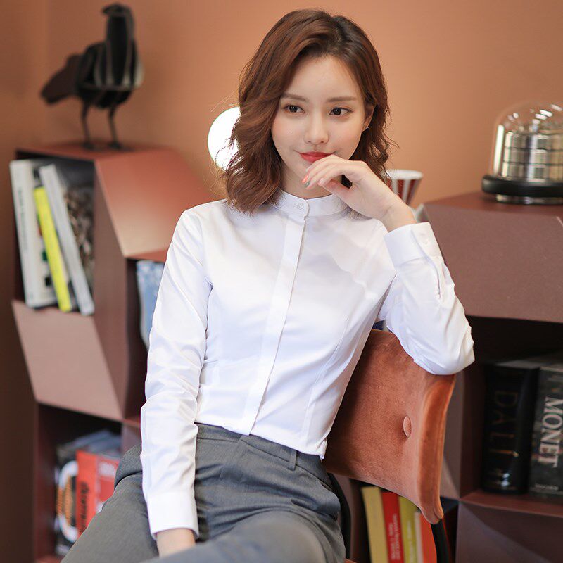 优柏小立领白色衬衫女长袖夏季新款职业气质正装工作服女士白衬衣