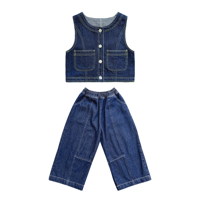 女童秋装套装2023新款儿童春秋款牛仔马甲女孩休闲洋气时髦两件套